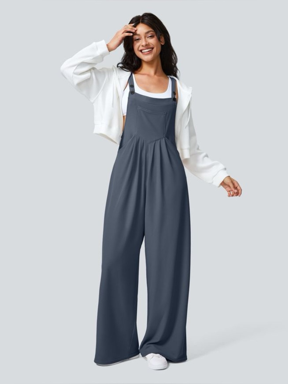 HALARA Waffle Knit Overalls Grisaille Baggy Casual Wide Leg Y-Back Jumpsuit